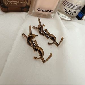 YSL Logo Antique Gold Stud Earrings